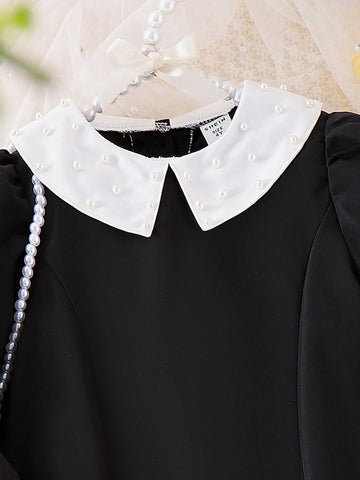 Girls Pearl Collar Long Sleeve Vintage Princess Dress