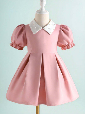Girls' Pearl Peter Pan Collar Solid Color Elegant Dress