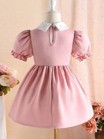 Girls' Pearl Peter Pan Collar Solid Color Elegant Dress