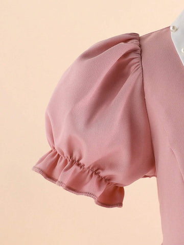 Girls' Pearl Peter Pan Collar Solid Color Elegant Dress
