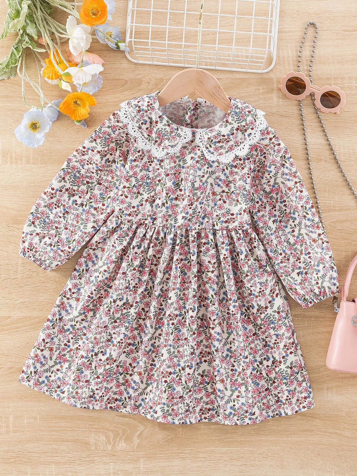 Girls' Peter Pan Collar Ditsy Floral Slim-Fit Invisible Zipper Dress, Sweet Simple Collegiate Style, Spring & Autumn
