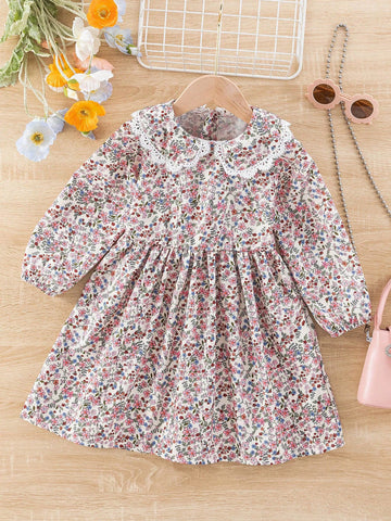 Girls' Peter Pan Collar Ditsy Floral Slim-Fit Invisible Zipper Dress, Sweet Simple Collegiate Style, Spring & Autumn