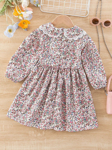 Girls' Peter Pan Collar Ditsy Floral Slim-Fit Invisible Zipper Dress, Sweet Simple Collegiate Style, Spring & Autumn