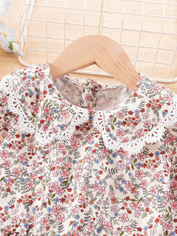 Girls' Peter Pan Collar Ditsy Floral Slim-Fit Invisible Zipper Dress, Sweet Simple Collegiate Style, Spring & Autumn