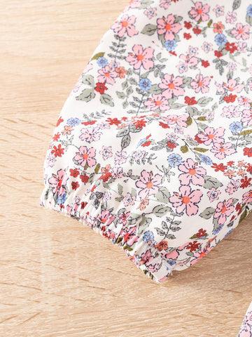 Girls' Peter Pan Collar Ditsy Floral Slim-Fit Invisible Zipper Dress, Sweet Simple Collegiate Style, Spring & Autumn