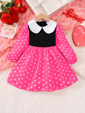 Girls Peter Pan Collar Dress With Cardigan, 4-7Y, Bow Patchwork Dot Print Long Sleeve Dress, Suitable For Baby Casual Everyday Wear Spring, Summer, Autumn, Winter