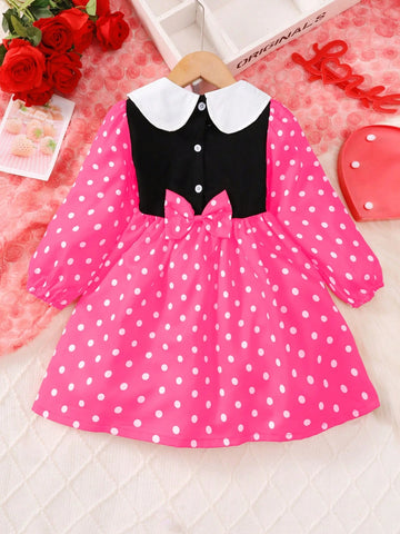 Girls Peter Pan Collar Dress With Cardigan, 4-7Y, Bow Patchwork Dot Print Long Sleeve Dress, Suitable For Baby Casual Everyday Wear Spring, Summer, Autumn, Winter