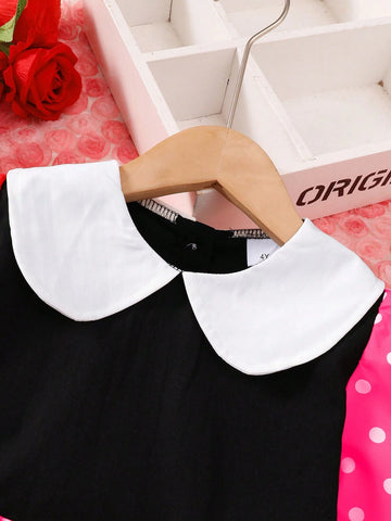 Girls Peter Pan Collar Dress With Cardigan, 4-7Y, Bow Patchwork Dot Print Long Sleeve Dress, Suitable For Baby Casual Everyday Wear Spring, Summer, Autumn, Winter