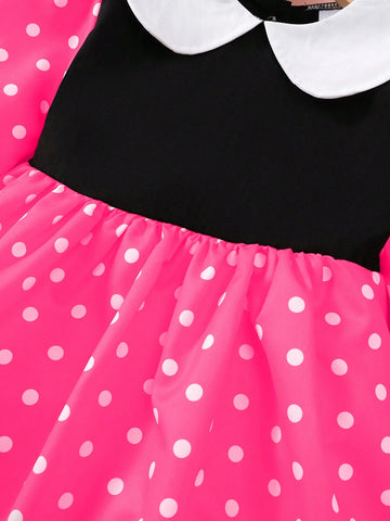 Girls Peter Pan Collar Dress With Cardigan, 4-7Y, Bow Patchwork Dot Print Long Sleeve Dress, Suitable For Baby Casual Everyday Wear Spring, Summer, Autumn, Winter