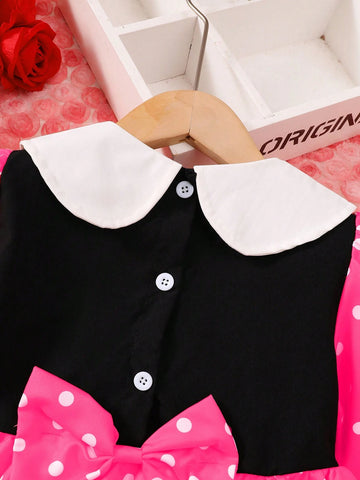 Girls Peter Pan Collar Dress With Cardigan, 4-7Y, Bow Patchwork Dot Print Long Sleeve Dress, Suitable For Baby Casual Everyday Wear Spring, Summer, Autumn, Winter