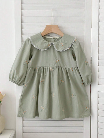 Girls Peter Pan Collar Embroidery Long Sleeve Dress, Spring And Autumn