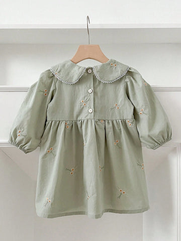 Girls Peter Pan Collar Embroidery Long Sleeve Dress, Spring And Autumn