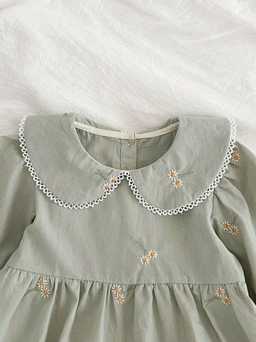 Girls Peter Pan Collar Embroidery Long Sleeve Dress, Spring And Autumn
