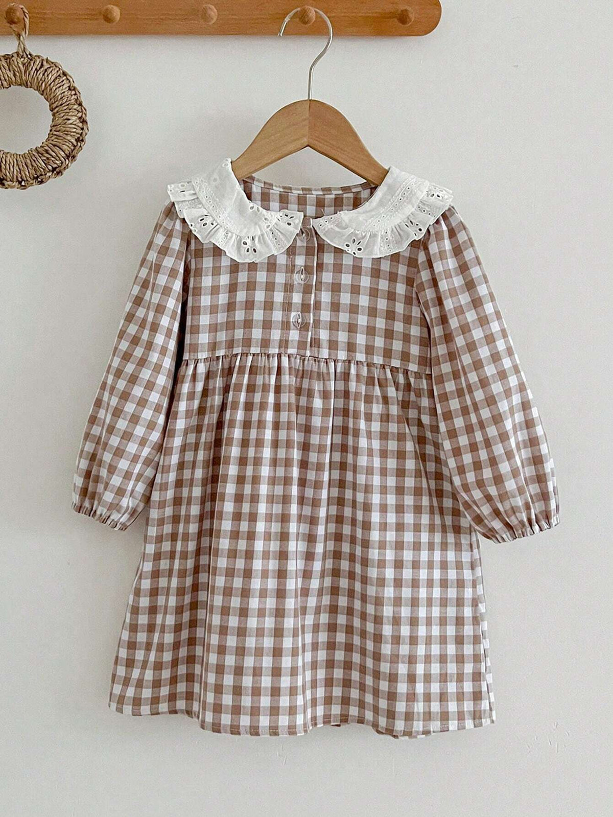 Girls' Peter Pan Collar Plaid Long Sleeve Princess Dress For Spring And Autumn