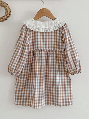 Girls' Peter Pan Collar Plaid Long Sleeve Princess Dress For Spring And Autumn