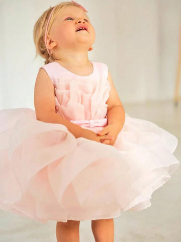 Girls Pink Dress With Large Bow Decoration On The Back, Fluffy Feel, Satin Design, Mesh Skirt, Suitable For Birthday Parties
