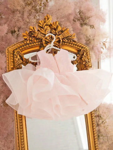 Girls Pink Dress With Large Bow Decoration On The Back, Fluffy Feel, Satin Design, Mesh Skirt, Suitable For Birthday Parties