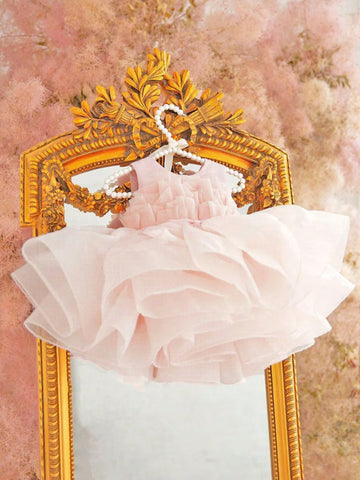 Girls Pink Dress With Large Bow Decoration On The Back, Fluffy Feel, Satin Design, Mesh Skirt, Suitable For Birthday Parties