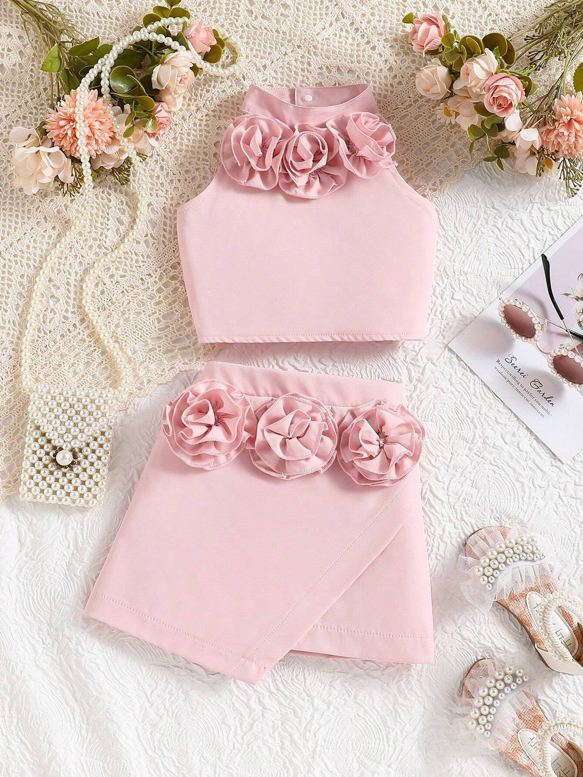 Girls' Pink Elegant & Halter Top With 3D Flower Embellishments And Skirt Princess 2pcs Set, Suitable For Banquet, Gathering, Wedding, Spring/Summer