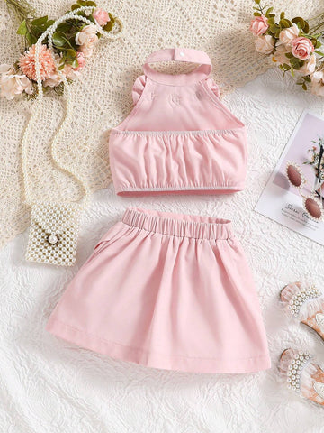 Girls' Pink Elegant & Halter Top With 3D Flower Embellishments And Skirt Princess 2pcs Set, Suitable For Banquet, Gathering, Wedding, Spring/Summer