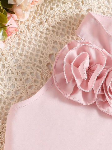 Girls' Pink Elegant & Halter Top With 3D Flower Embellishments And Skirt Princess 2pcs Set, Suitable For Banquet, Gathering, Wedding, Spring/Summer