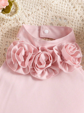Girls' Pink Elegant & Halter Top With 3D Flower Embellishments And Skirt Princess 2pcs Set, Suitable For Banquet, Gathering, Wedding, Spring/Summer