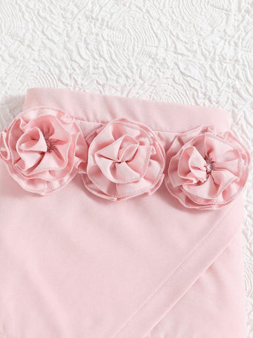 Girls' Pink Elegant & Halter Top With 3D Flower Embellishments And Skirt Princess 2pcs Set, Suitable For Banquet, Gathering, Wedding, Spring/Summer