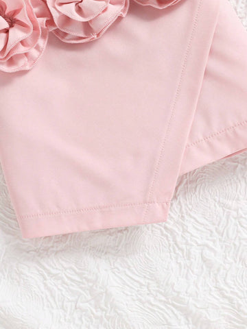 Girls' Pink Elegant & Halter Top With 3D Flower Embellishments And Skirt Princess 2pcs Set, Suitable For Banquet, Gathering, Wedding, Spring/Summer