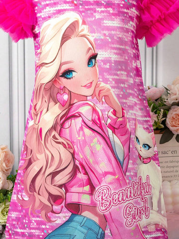 Girls' Pink Glitter Dress With Cartoon Princess Pattern.Soft Pink Tone, Full Of Sweetness And Dreamy Feeling, Very Suitable For Little GirlsSuitable For Daily Wear, Outdoor Travel, Outdoor Activities, And Appropriate For Spring And Summer.