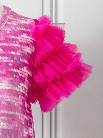 Girls' Pink Glitter Dress With Cartoon Princess Pattern.Soft Pink Tone, Full Of Sweetness And Dreamy Feeling, Very Suitable For Little GirlsSuitable For Daily Wear, Outdoor Travel, Outdoor Activities, And Appropriate For Spring And Summer.