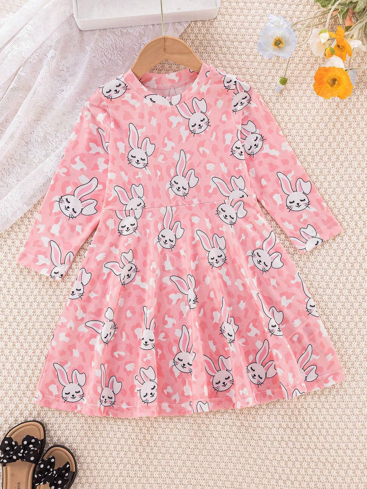 Girls Pink Leopard Print Rabbit Graphic Crew Neck Long Sleeve Simple Sweet Casual Dress