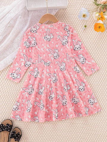 Girls Pink Leopard Print Rabbit Graphic Crew Neck Long Sleeve Simple Sweet Casual Dress
