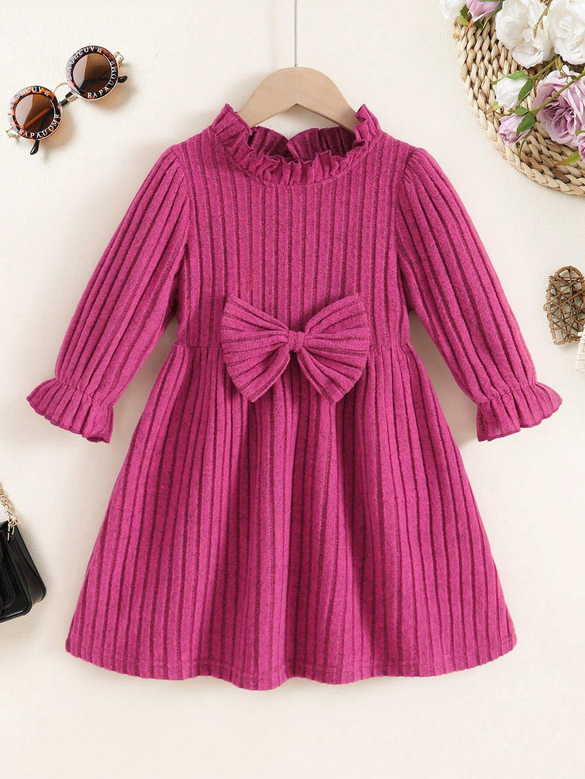 Girls Pink Long Sleeve Bowknot Dress, Autumn/Winter