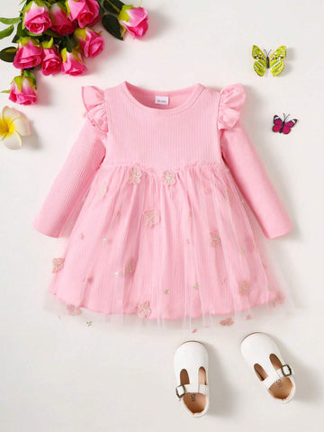 Girls Pink Long Sleeve Butterfly Mesh Dress, Spring Autumn