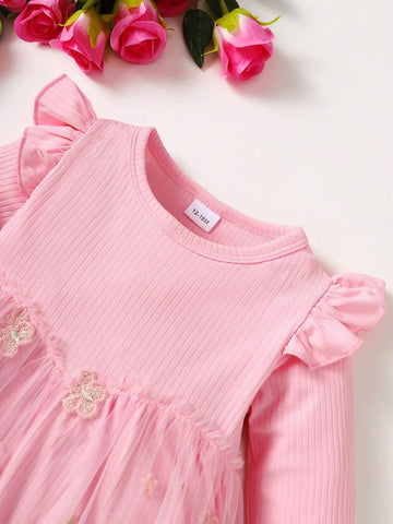 Girls Pink Long Sleeve Butterfly Mesh Dress, Spring Autumn