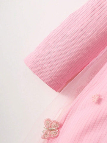 Girls Pink Long Sleeve Butterfly Mesh Dress, Spring Autumn