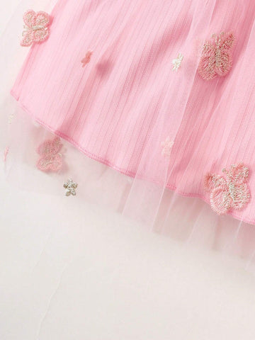 Girls Pink Long Sleeve Butterfly Mesh Dress, Spring Autumn