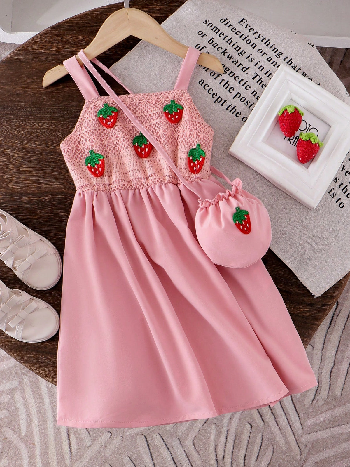 Girls Pink Mesh Strap Knit Strawberry Decor Dress