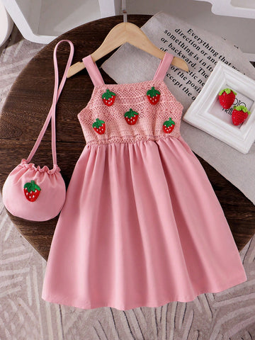 Girls Pink Mesh Strap Knit Strawberry Decor Dress