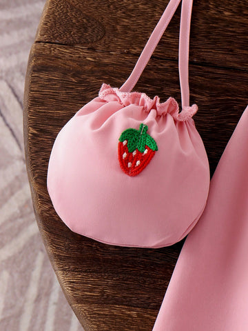 Girls Pink Mesh Strap Knit Strawberry Decor Dress