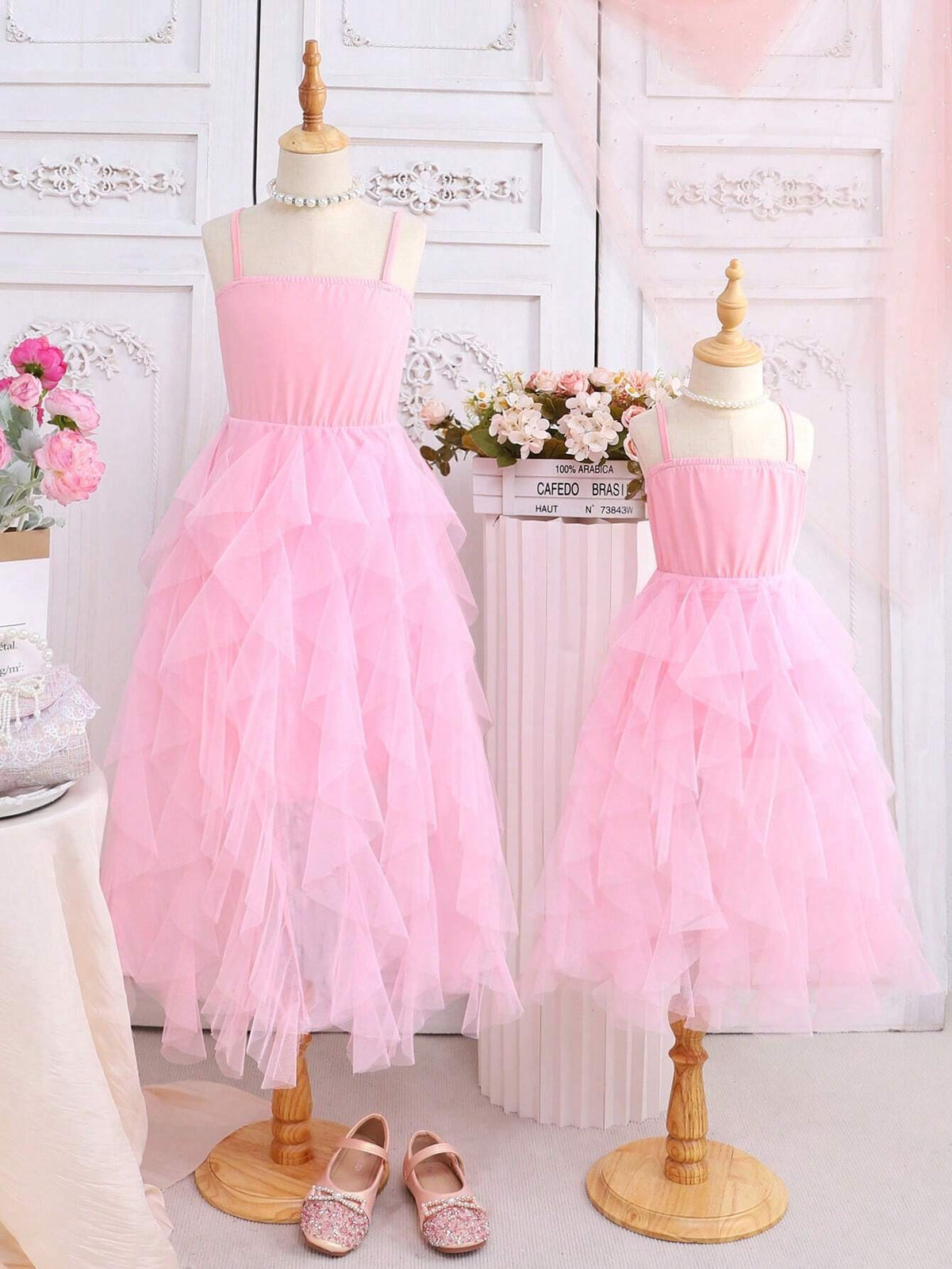 Girls' Pink Patchwork Mesh Strap Dress, Family Matching Outfits (2 Pieces Sold Separately)