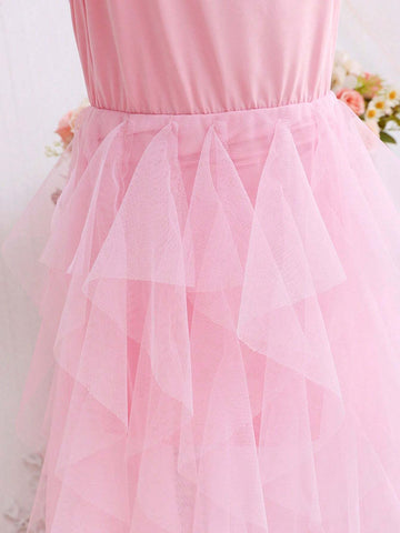 Girls' Pink Patchwork Mesh Strap Dress, Family Matching Outfits (2 Pieces Sold Separately)