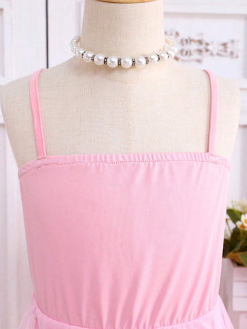 Girls' Pink Patchwork Mesh Strap Dress, Family Matching Outfits (2 Pieces Sold Separately)