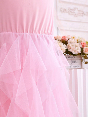 Girls' Pink Patchwork Mesh Strap Dress, Family Matching Outfits (2 Pieces Sold Separately)