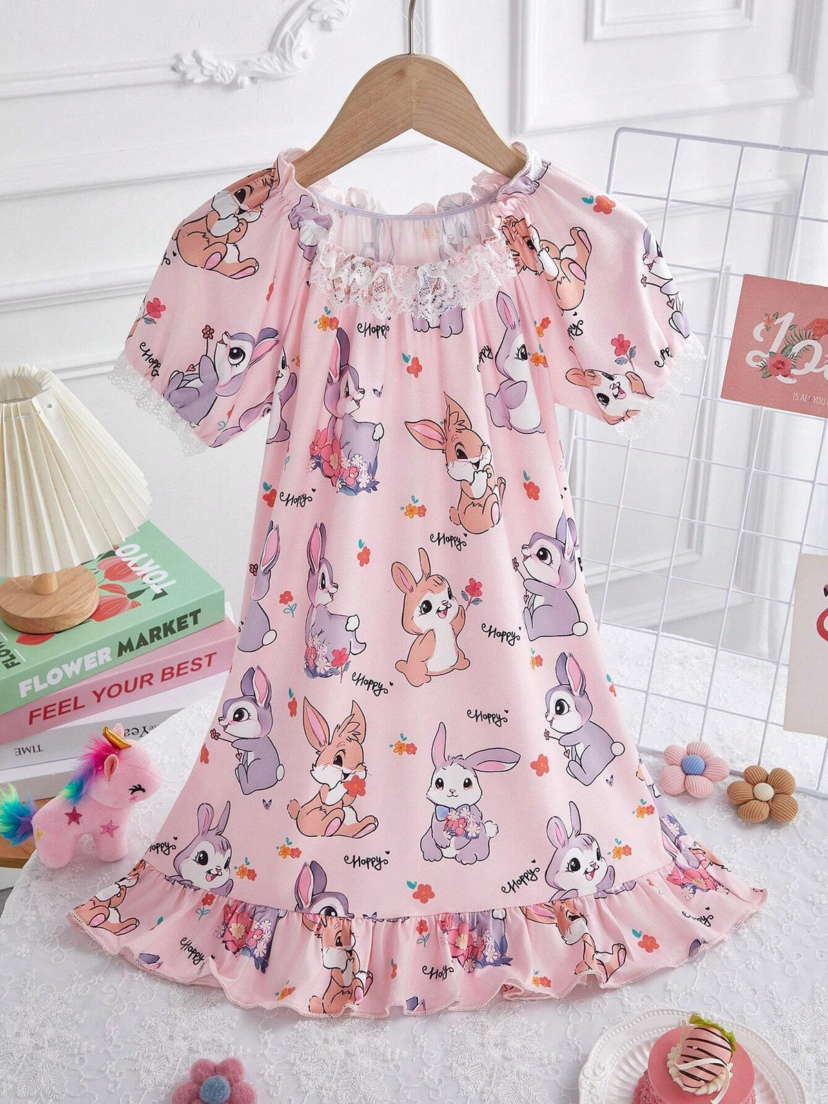 Girls' Pink Rabbit Allover Print Short Sleeve Dress, Toddler