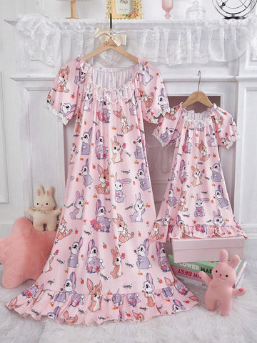 Girls' Pink Rabbit Allover Print Short Sleeve Dress, Toddler