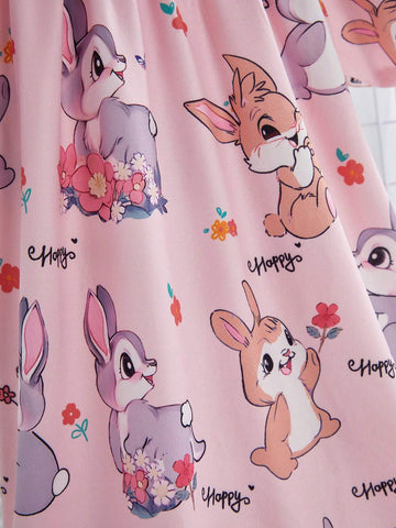 Girls' Pink Rabbit Allover Print Short Sleeve Dress, Toddler