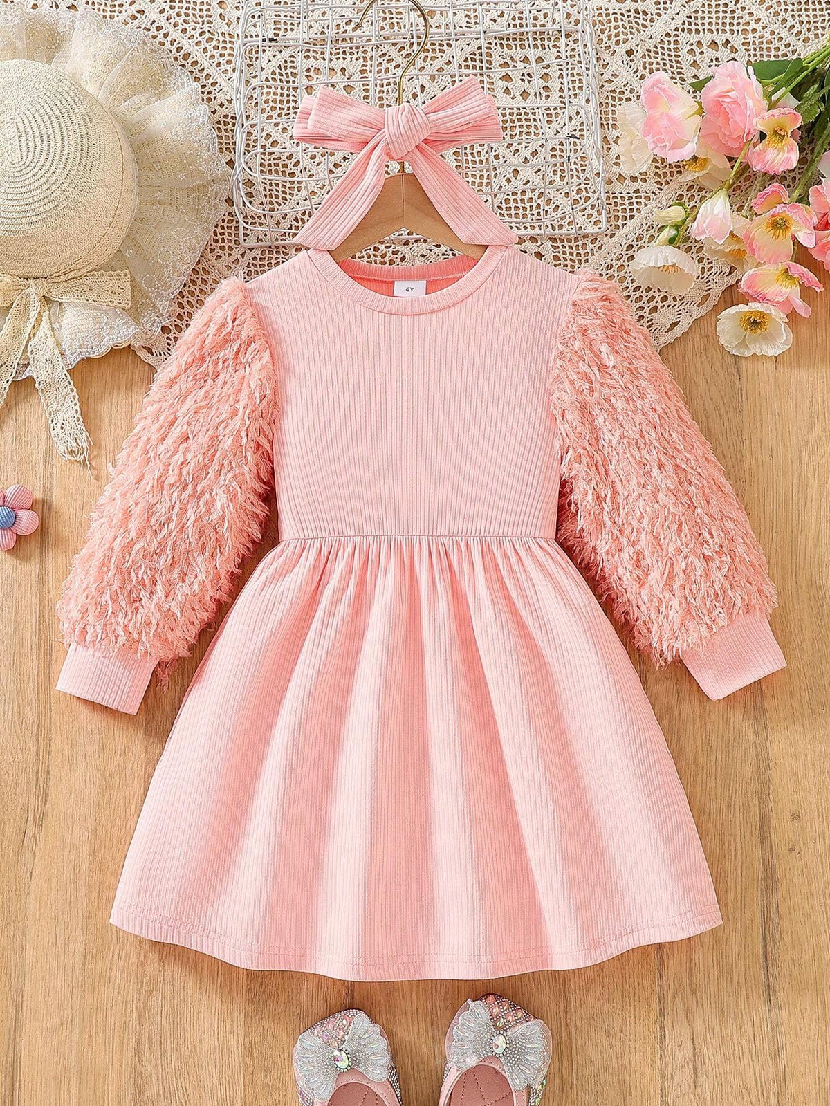 Girls' Pink Round Neck Long Sleeve Feather Sleeve With Headband Adorable Elegant Dress