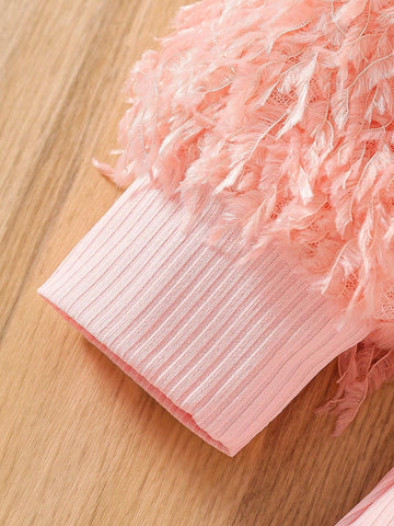 Girls' Pink Round Neck Long Sleeve Feather Sleeve With Headband Adorable Elegant Dress
