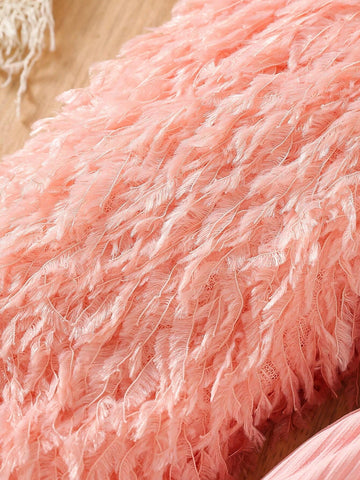 Girls' Pink Round Neck Long Sleeve Feather Sleeve With Headband Adorable Elegant Dress